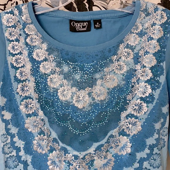 Onque Causals blue & silver bedazzled top 3/4 length sleeves and layered design - Picture 2 of 3